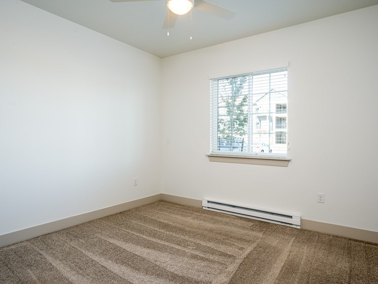 A room with a carpeted floor and a window.
